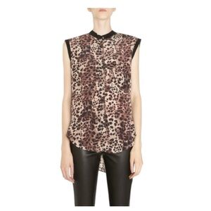 Isabel Marant Etoile Silk Raw-Edge Sleeveless Leopard Print High-Low Top. Size 0
